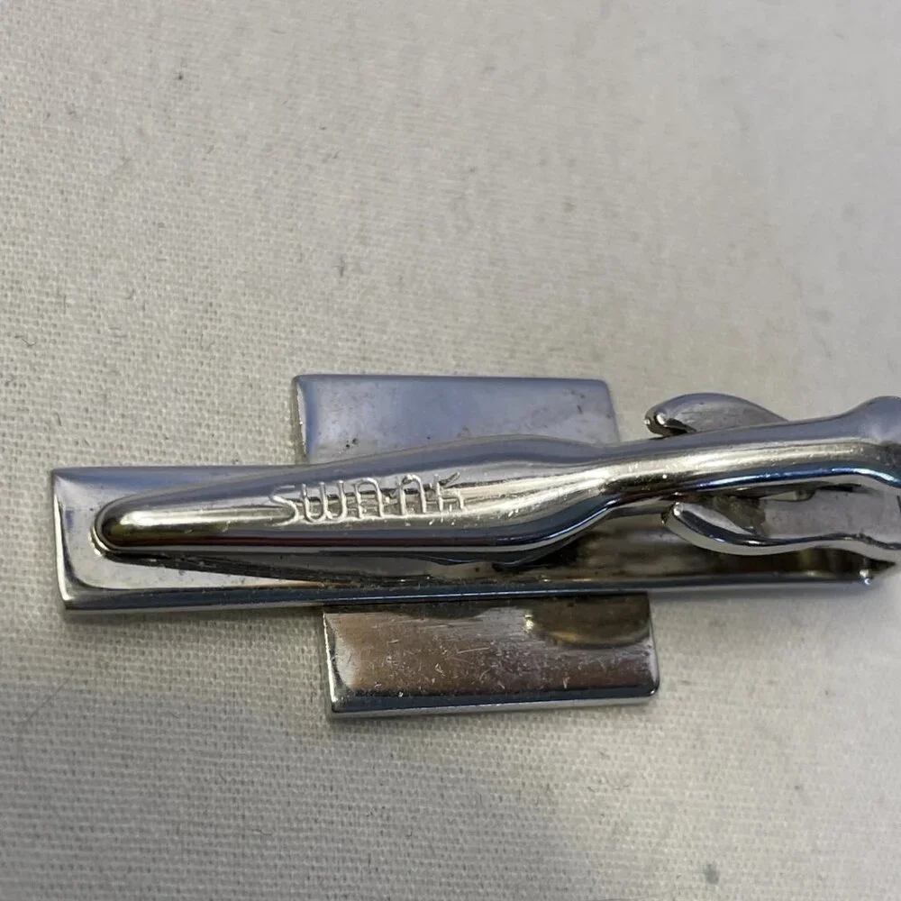 Vintage Swank Tie Tack Pin Cuff Links Silver Tone Black Accent Bullet Backing